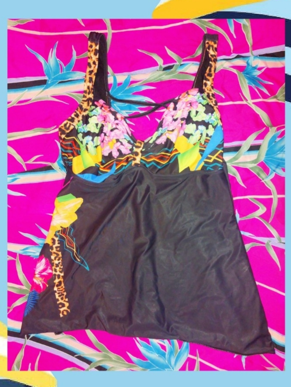 Unknown brand Blk/Multiclr Floral & Leopard Prints Tank Swim Dress/Tunic Sz L/XL